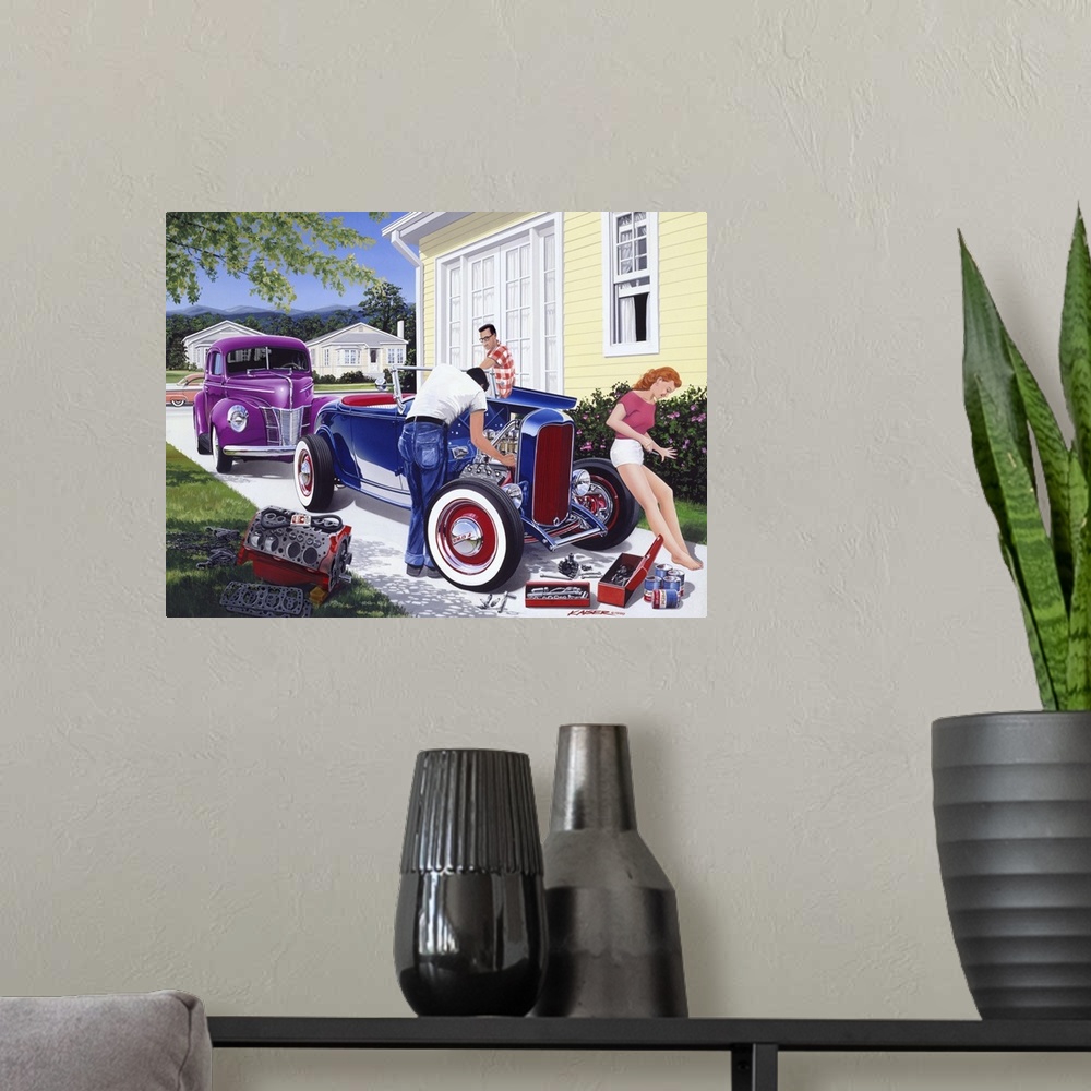 A modern room featuring Painting of three people working on a 1932 Ford hot rod in the late 1950s on canvas.