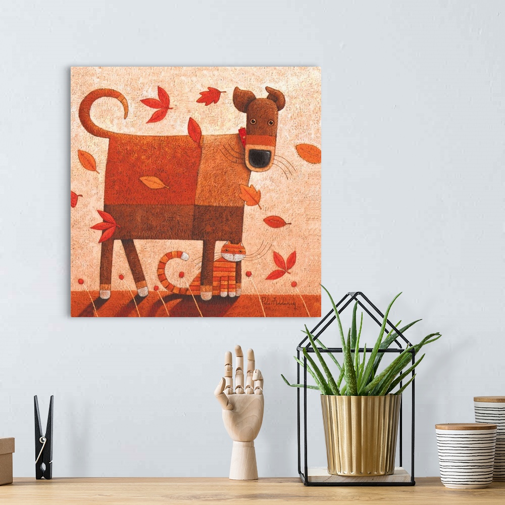 A bohemian room featuring Contemporary painting of a dog and cat sitting being hit with wind and autumn foliage.