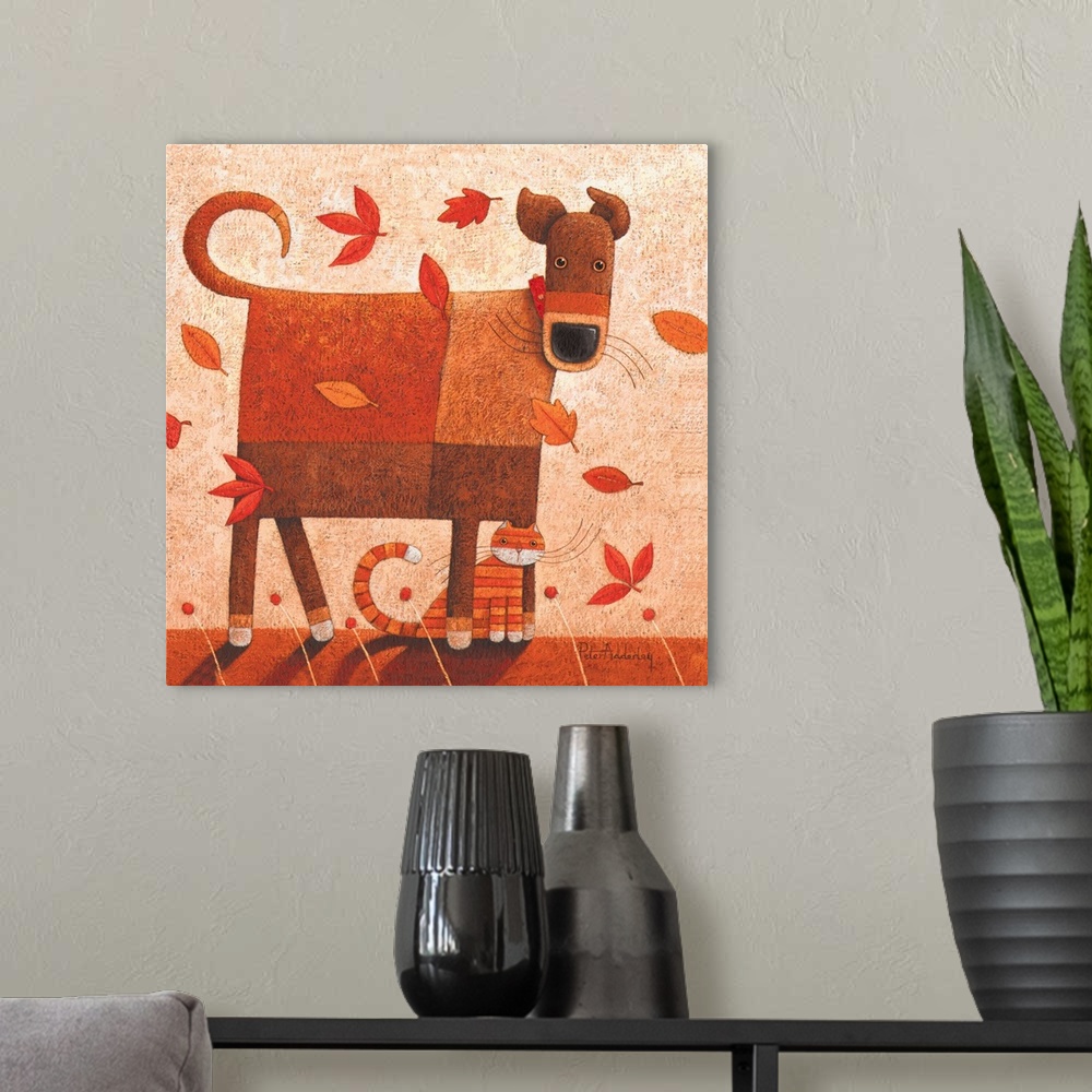 A modern room featuring Contemporary painting of a dog and cat sitting being hit with wind and autumn foliage.