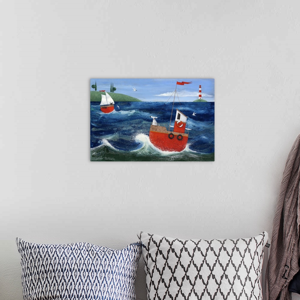 A bohemian room featuring Contemporary painting of a white dog on the front of a red boat sailing on the sea.
