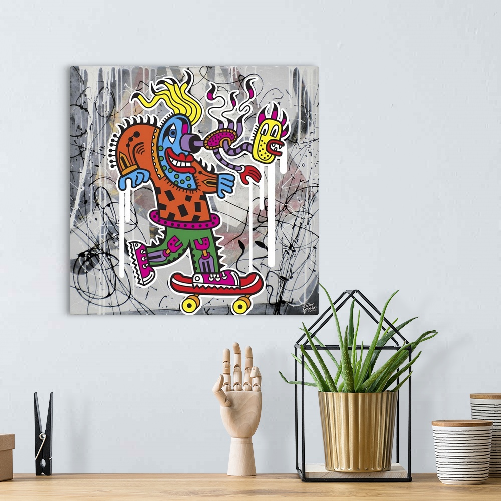 A bohemian room featuring Contemporary painting of a colorful and decorative monster riding a skateboard against an abstrac...