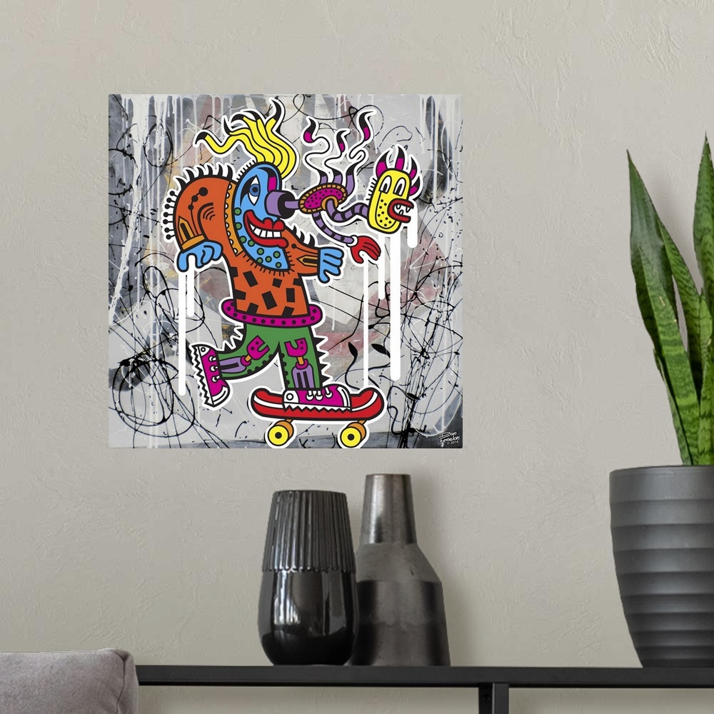 A modern room featuring Contemporary painting of a colorful and decorative monster riding a skateboard against an abstrac...