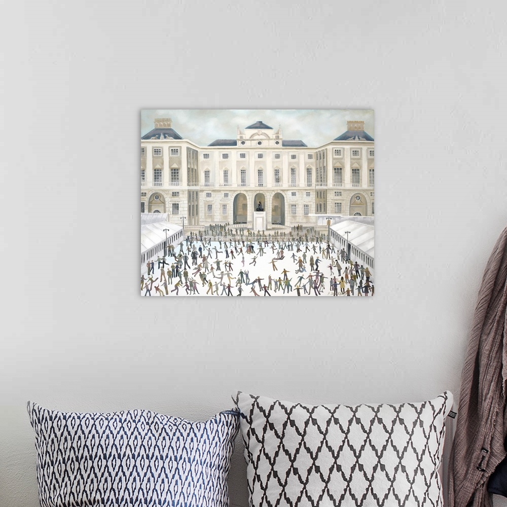 A bohemian room featuring Contemporary painting of people ice skating in front of the Somerset House.