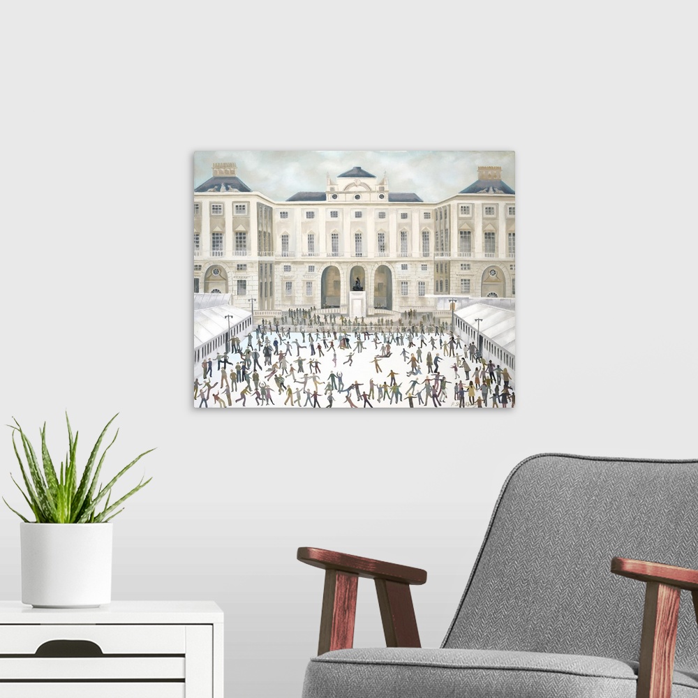 A modern room featuring Contemporary painting of people ice skating in front of the Somerset House.