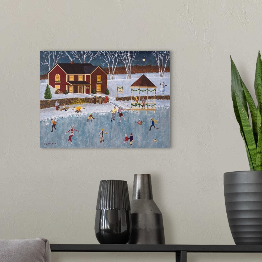 A modern room featuring Americana scene of ice skaters on a frozen pond on a winter evening.