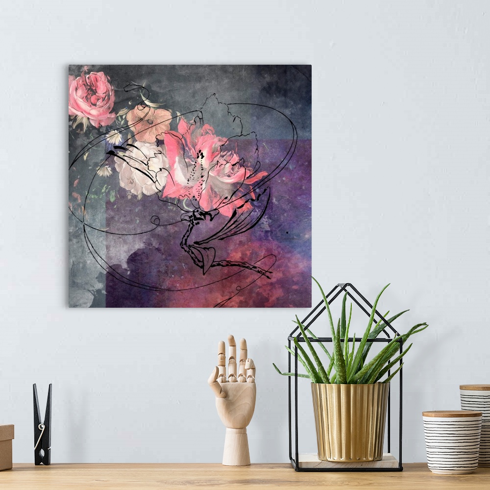 A bohemian room featuring Black outline of a peony flower on a grey and purple watercolor background.