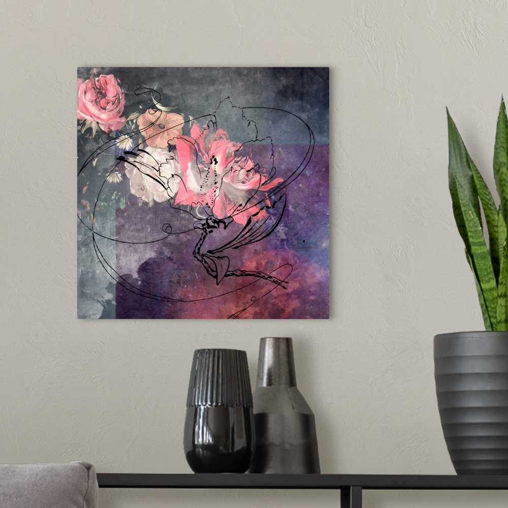 A modern room featuring Black outline of a peony flower on a grey and purple watercolor background.