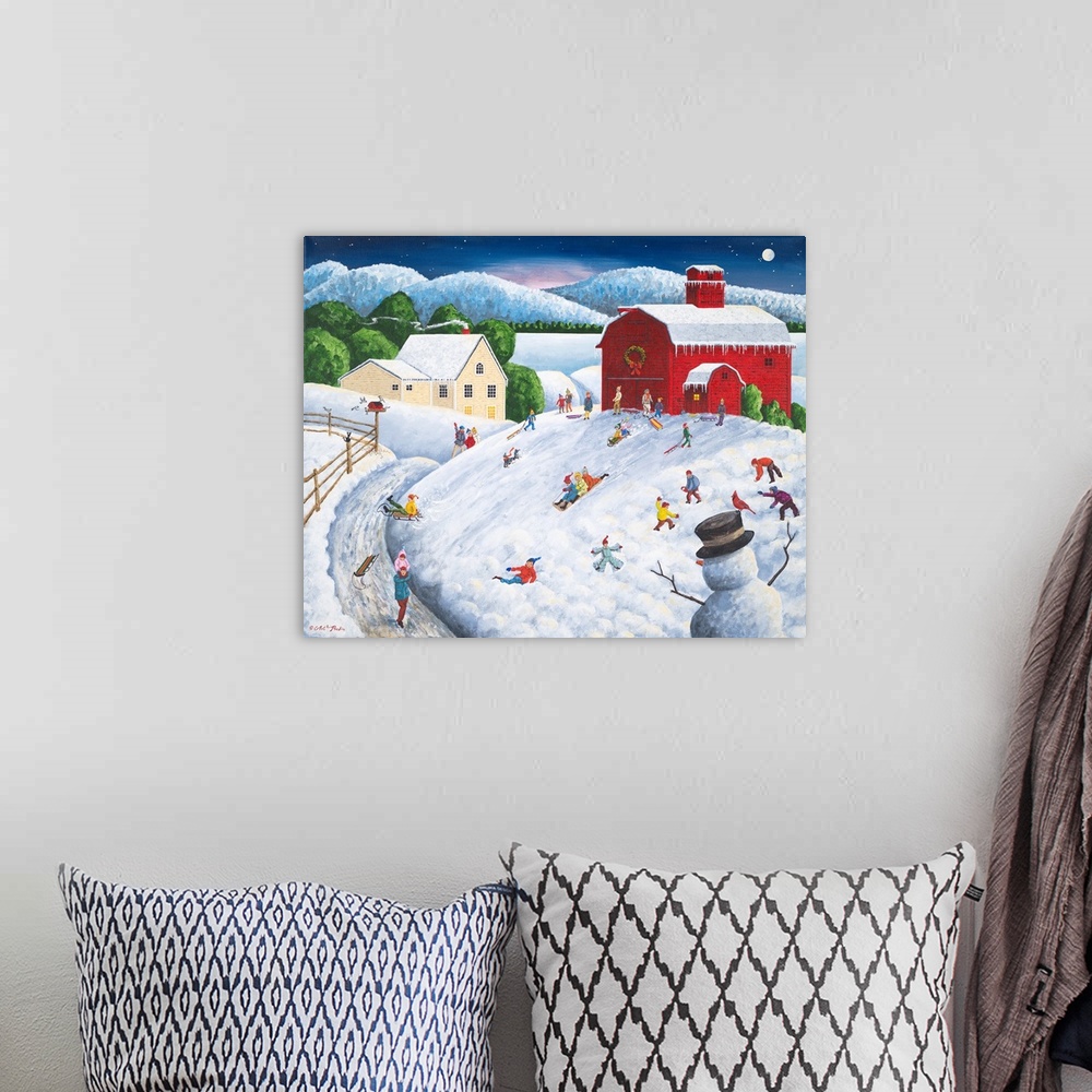 A bohemian room featuring Americana scene of children sledding on a hill near a red barn.