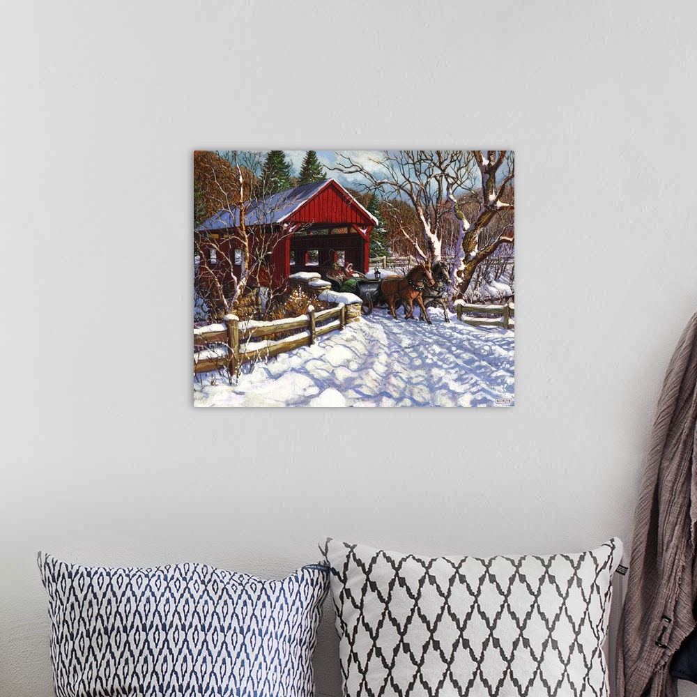 A bohemian room featuring A New England winter sleigh scene with covered bridge.