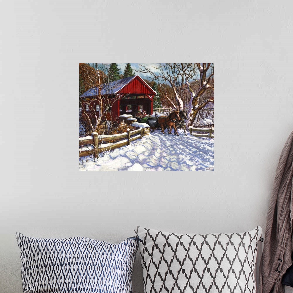 A bohemian room featuring A New England winter sleigh scene with covered bridge.