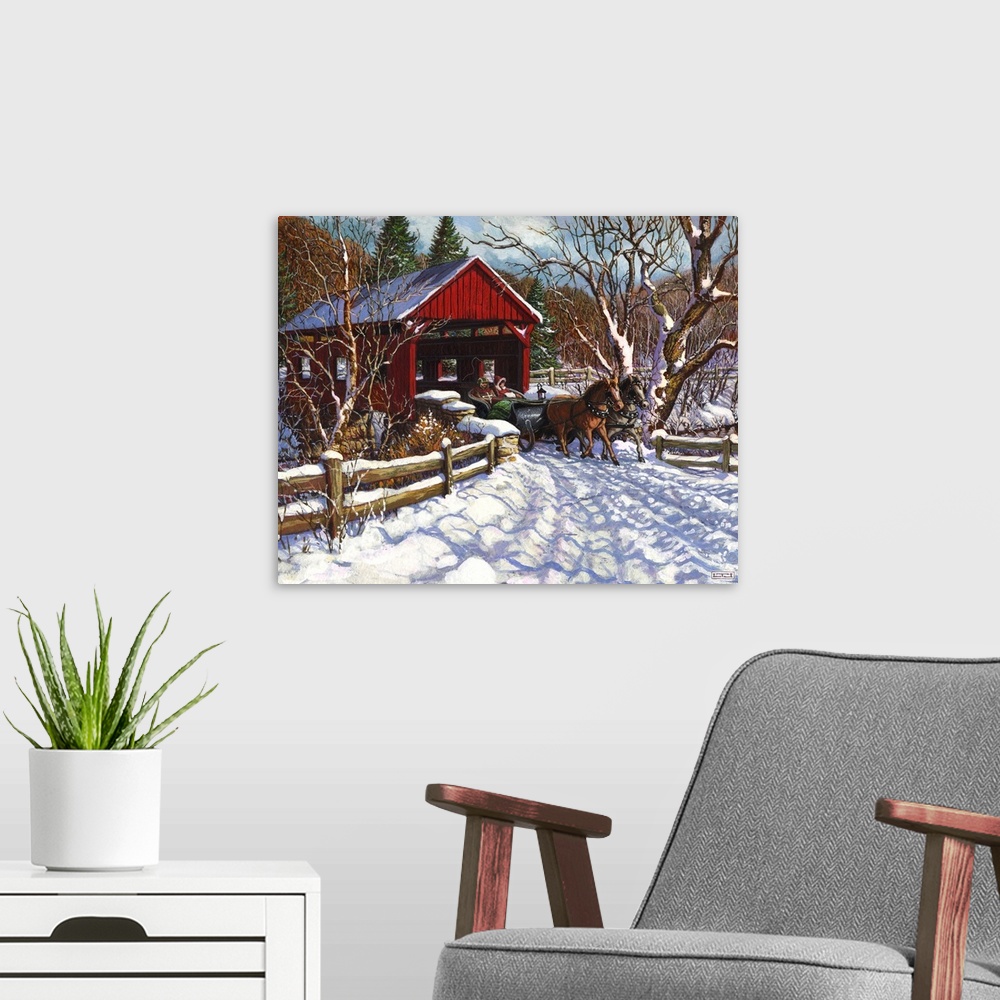 A modern room featuring A New England winter sleigh scene with covered bridge.