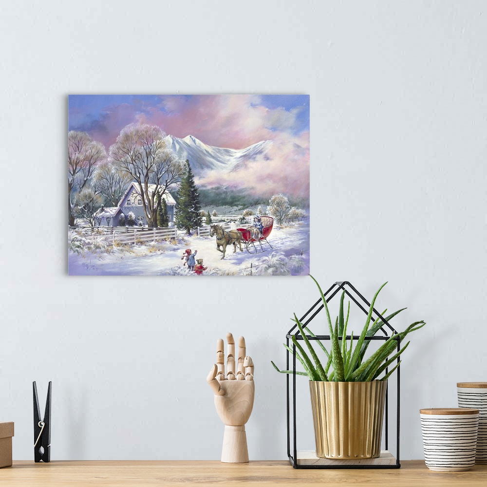A bohemian room featuring Contemporary painting of two children waving to a horse drawn sleigh in winter.