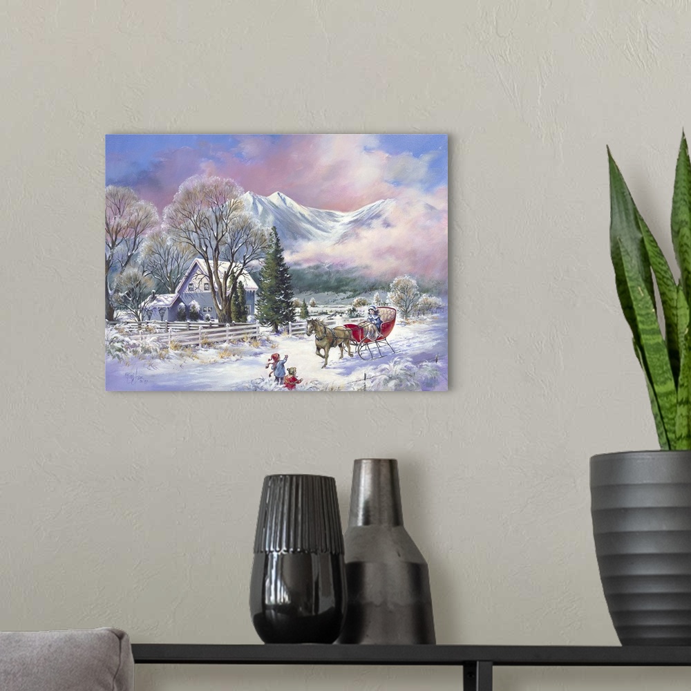 A modern room featuring Contemporary painting of two children waving to a horse drawn sleigh in winter.