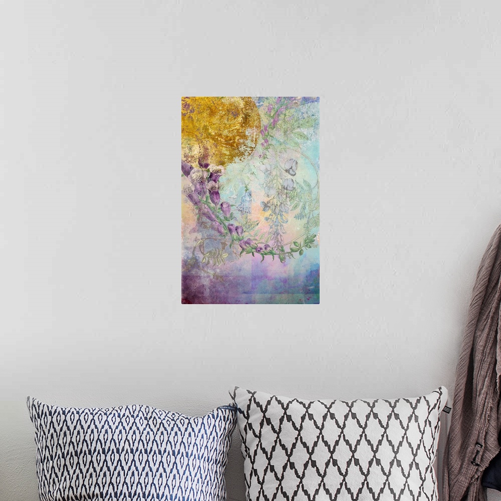 A bohemian room featuring Watercolor painting of curling foxglove flowers.