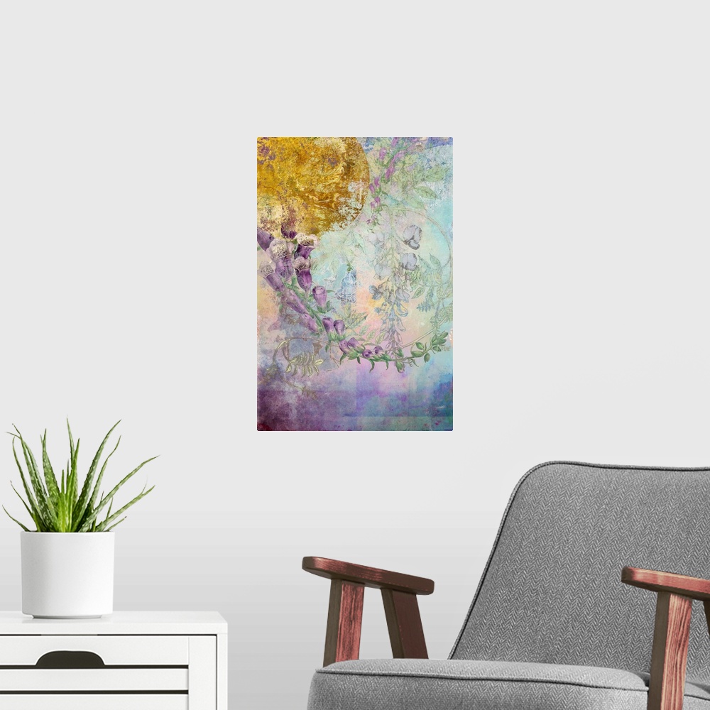 A modern room featuring Watercolor painting of curling foxglove flowers.