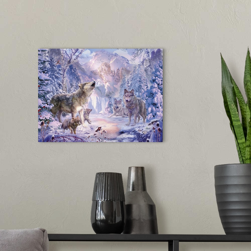 A modern room featuring Gray wolves standing around in a snow covered forest clearing in winter.