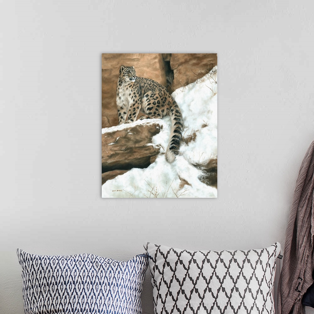 A bohemian room featuring Oil painting of a Snow leopard on a snowy rock.