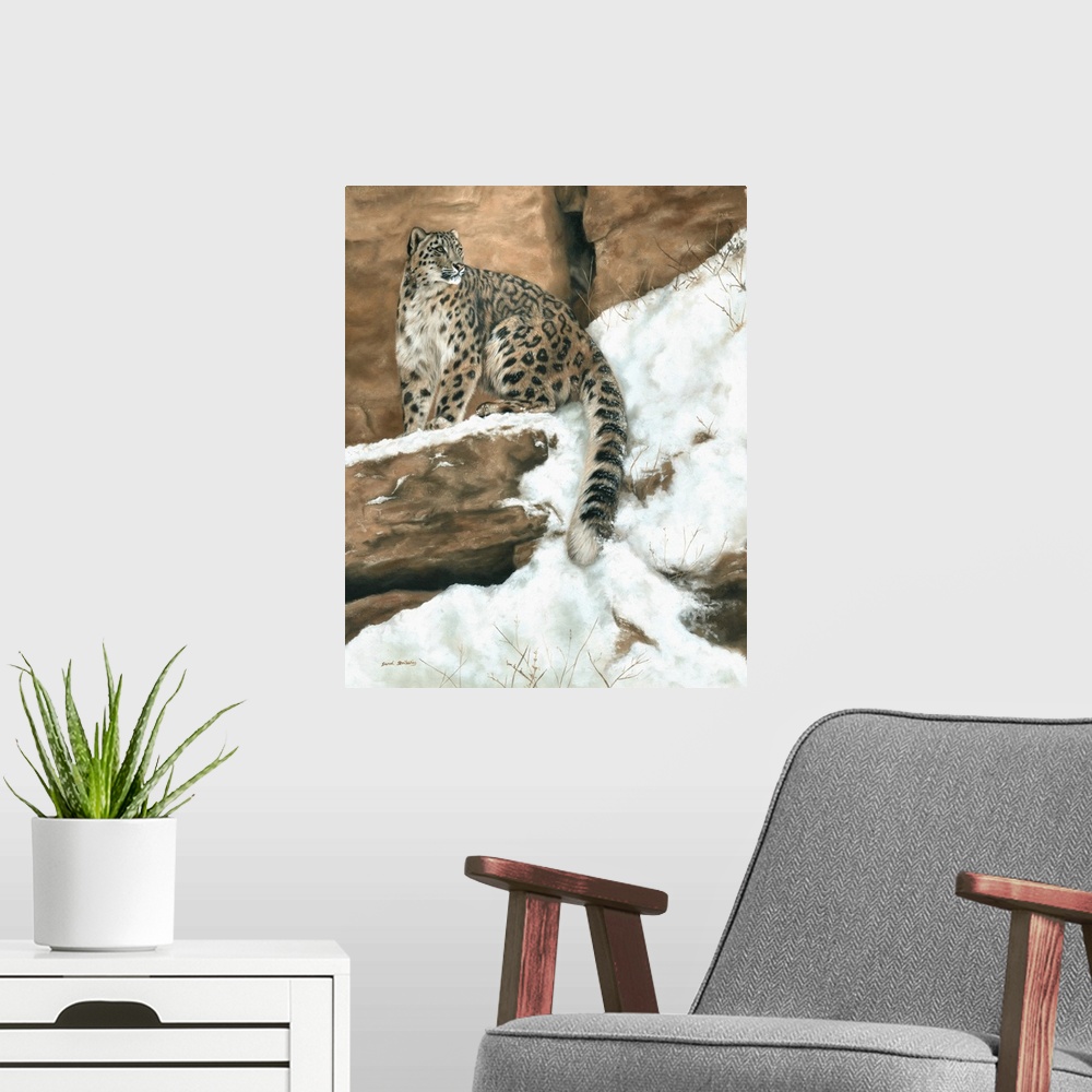A modern room featuring Oil painting of a Snow leopard on a snowy rock.