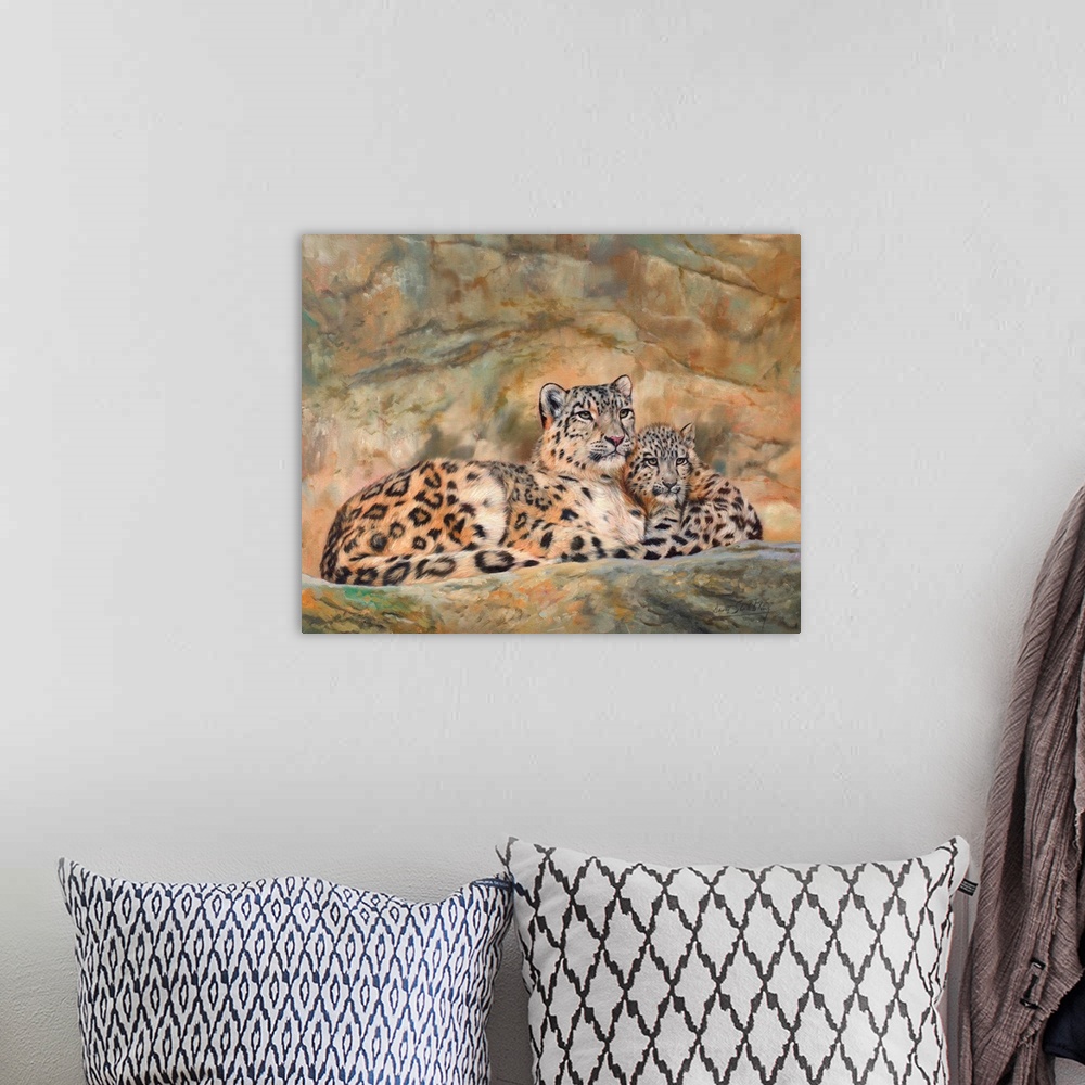 A bohemian room featuring Snow Leopard mother and cub. Oil on canvas.
