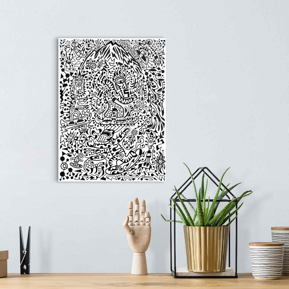 A bohemian room featuring Contemporary mural artwork of monsters and other abstract figures in a confusion of monochromatic...