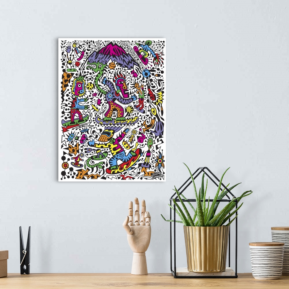 A bohemian room featuring Contemporary mural artwork of snowboarders and other abstract figures in a confusion of colors an...