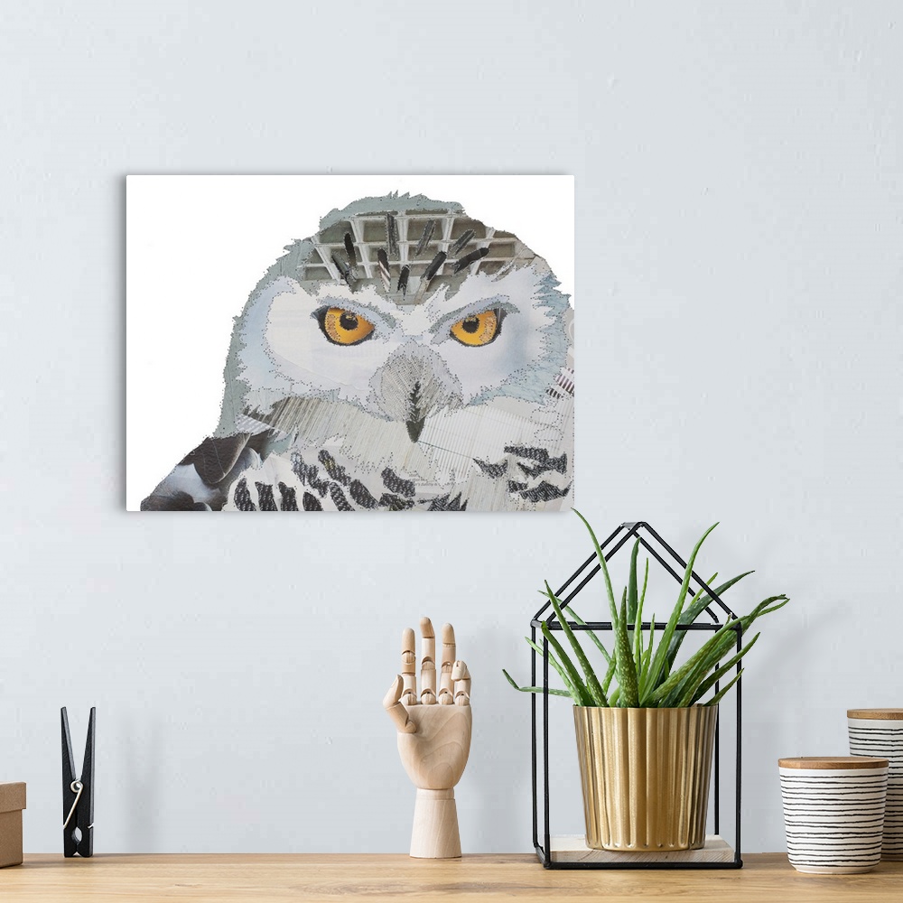 A bohemian room featuring Horizontal artwork of a snow owl in a collage style outlined in stitches.