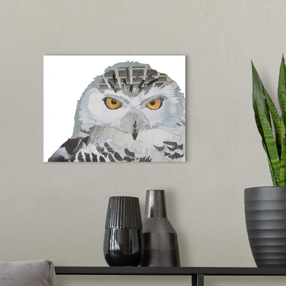 A modern room featuring Horizontal artwork of a snow owl in a collage style outlined in stitches.