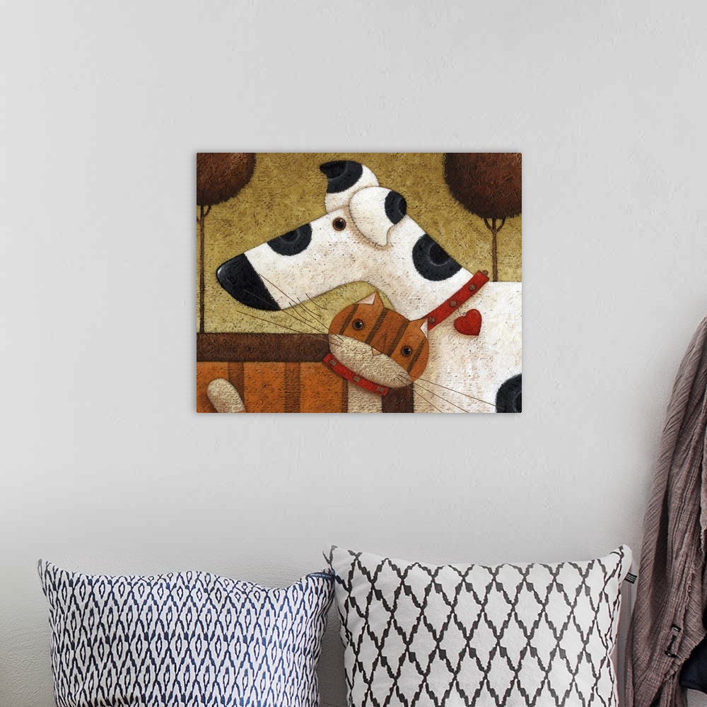 A bohemian room featuring Contemporary painting of an orange cat nuzzling a spotted dog.