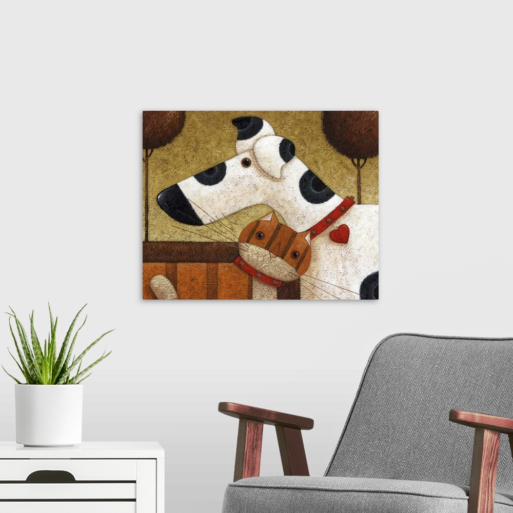 A modern room featuring Contemporary painting of an orange cat nuzzling a spotted dog.