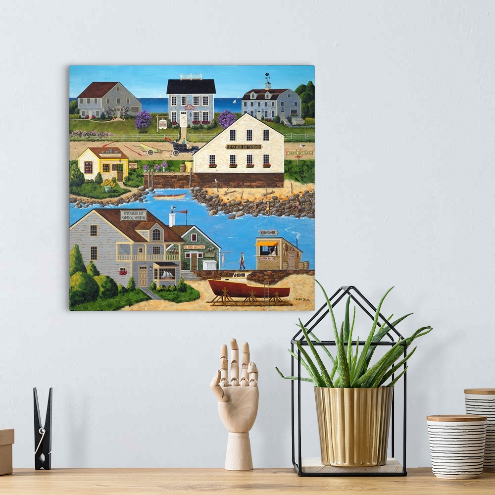 A bohemian room featuring Americana scene of houses on the coast in New England.