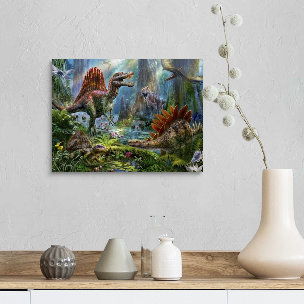 A farmhouse room featuring Colorful artwork of a dinosaurs in a tropical paradise.