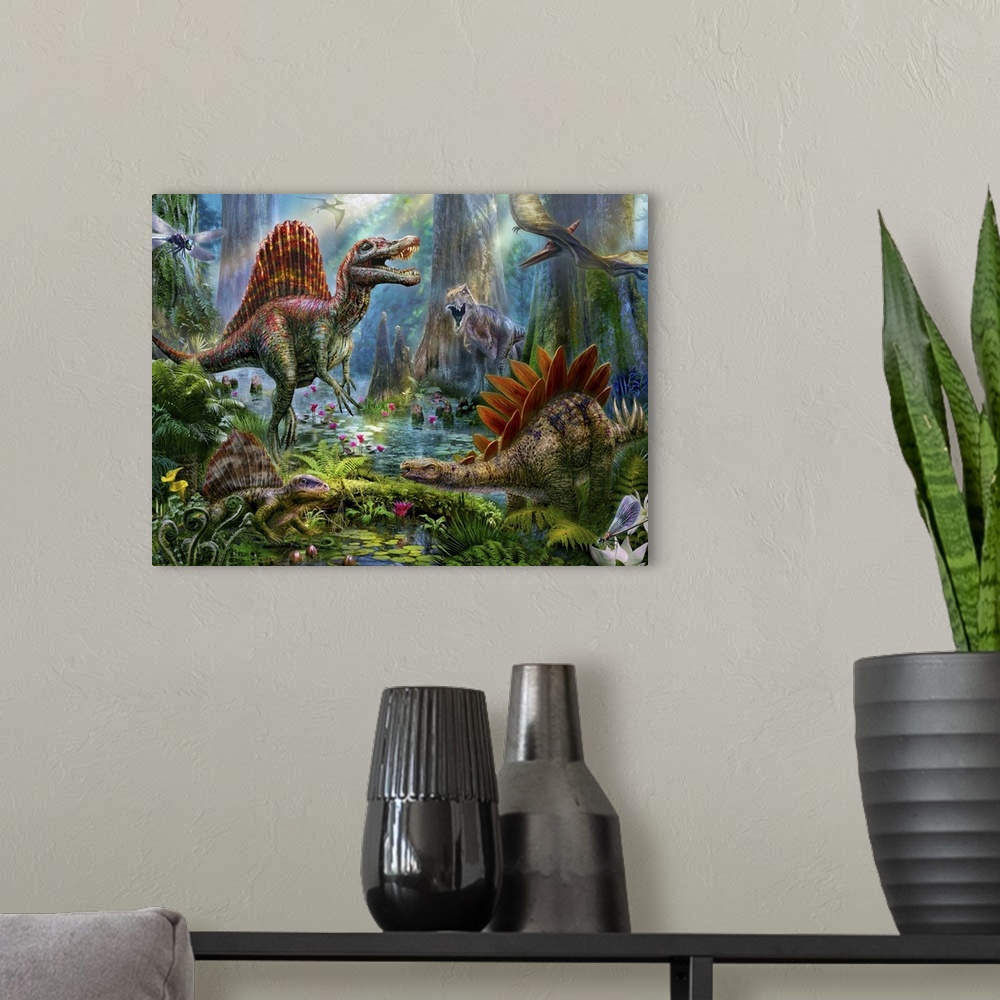 A modern room featuring Colorful artwork of a dinosaurs in a tropical paradise.
