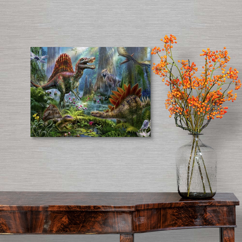A traditional room featuring Colorful artwork of a dinosaurs in a tropical paradise.