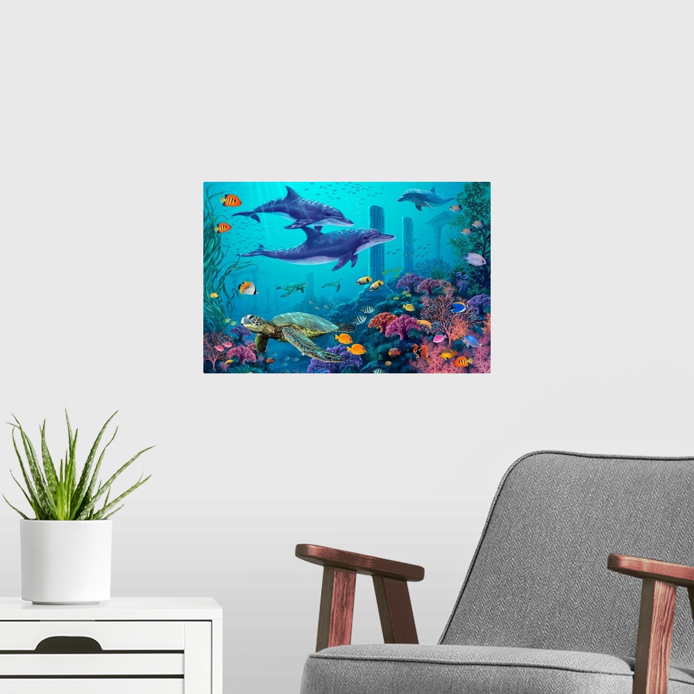 A modern room featuring Big, horizontal artwork of underwater remnants of Atlantis, surrounded by vibrant coral and tropi...