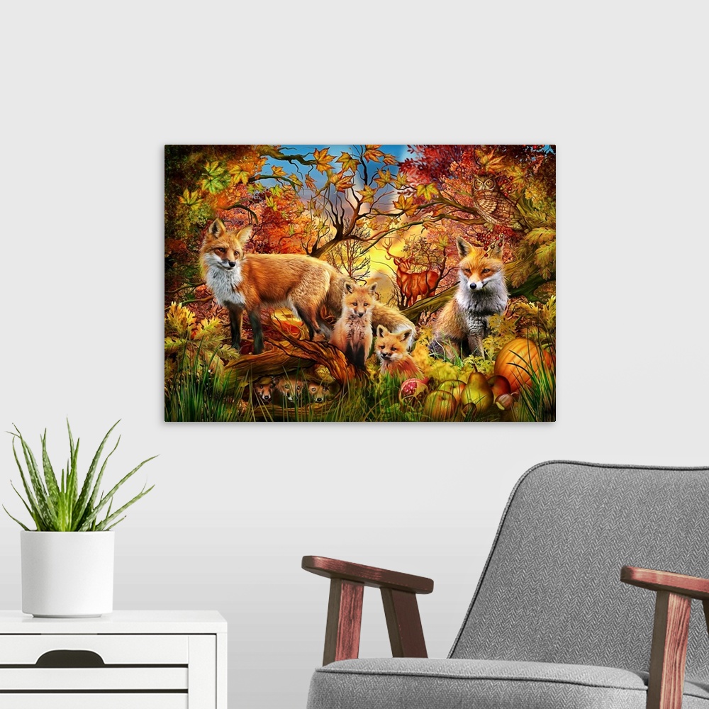 A modern room featuring Illustration of a family of foxes in the Fall colored woods.