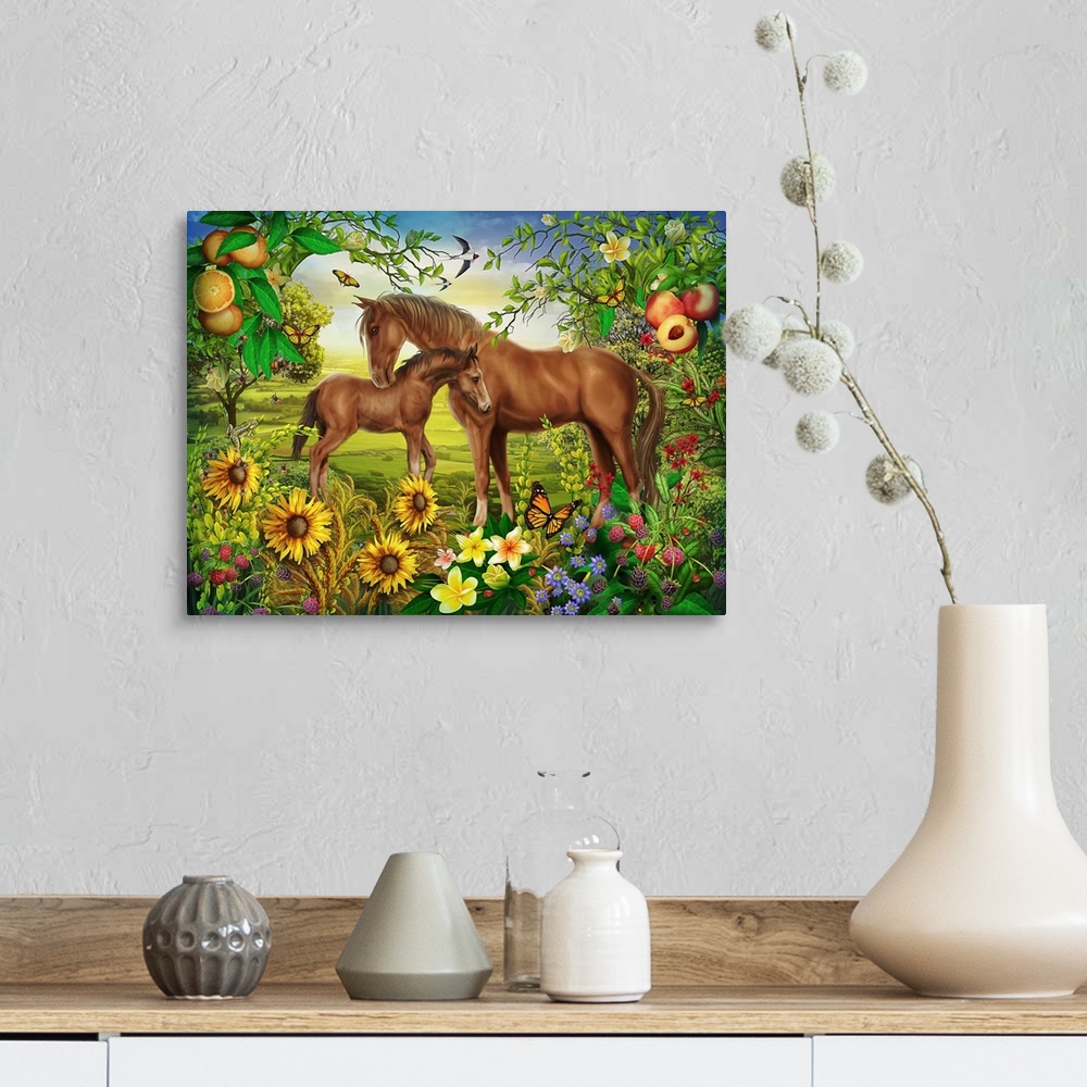 A farmhouse room featuring Whimsy illustration of a horse and a pony in a field filled with wildflowers and fruit trees.