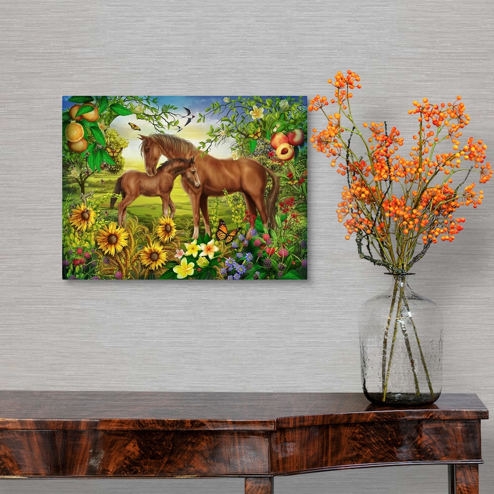 A traditional room featuring Whimsy illustration of a horse and a pony in a field filled with wildflowers and fruit trees.