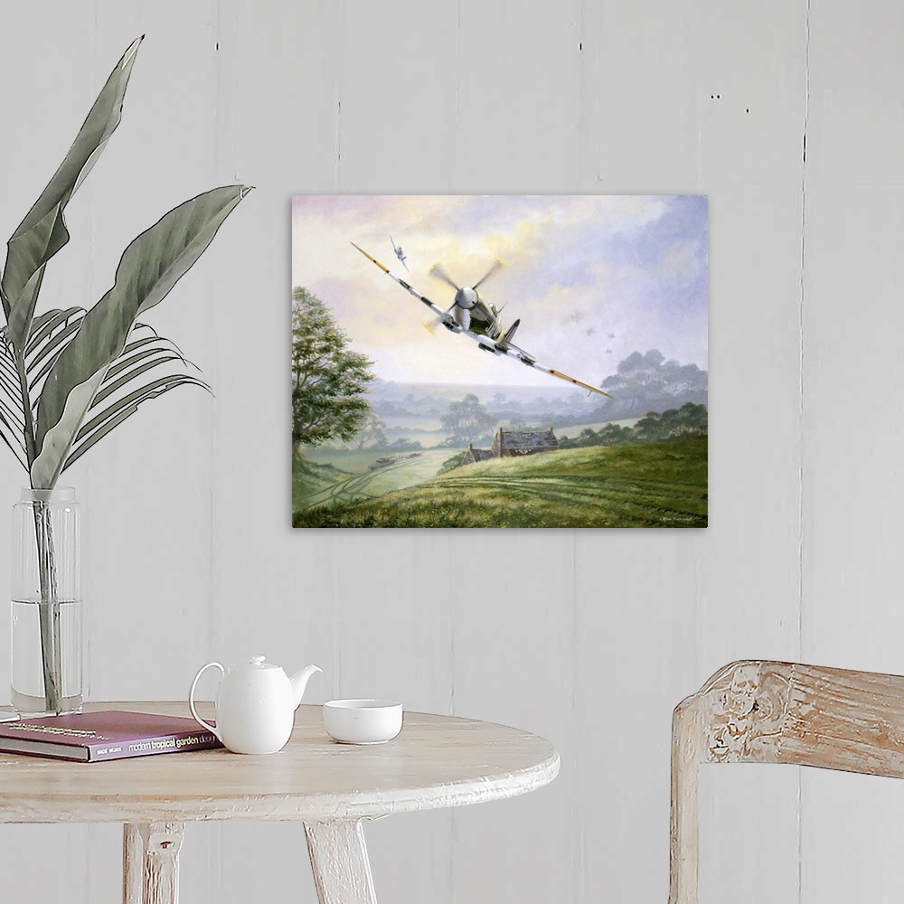 A farmhouse room featuring Painting of a vintage military fighter plane flying low over a rural landscape.