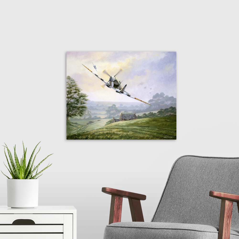A modern room featuring Painting of a vintage military fighter plane flying low over a rural landscape.