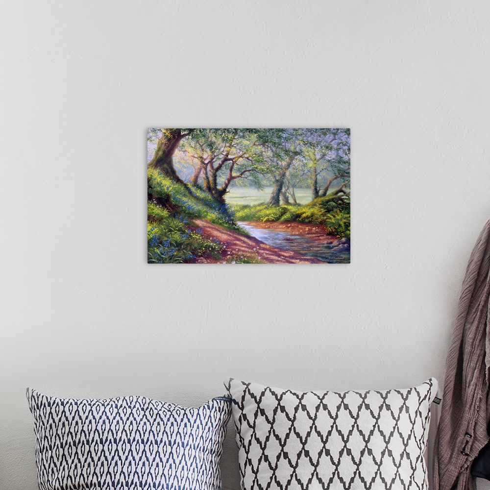 A bohemian room featuring Contemporary painting of a stream running through a forest.