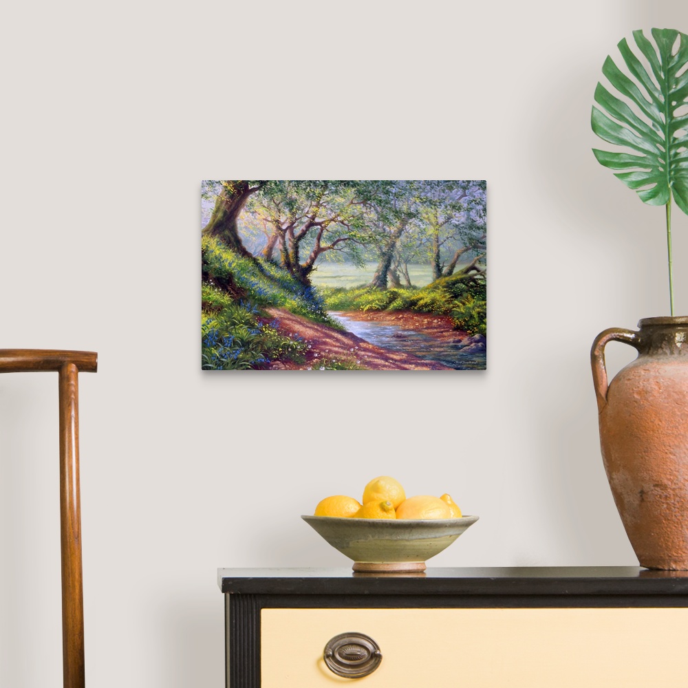 A traditional room featuring Contemporary painting of a stream running through a forest.
