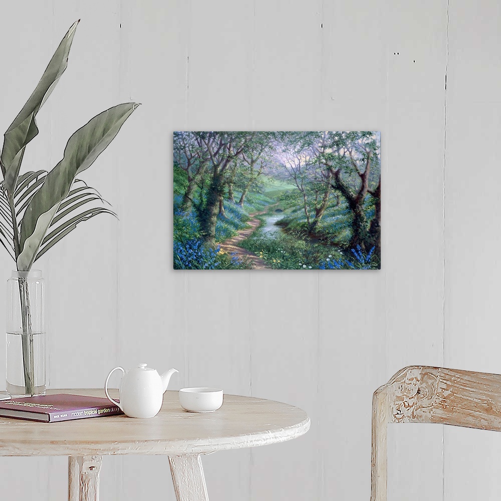 A farmhouse room featuring Contemporary painting of winding path through lush forest.