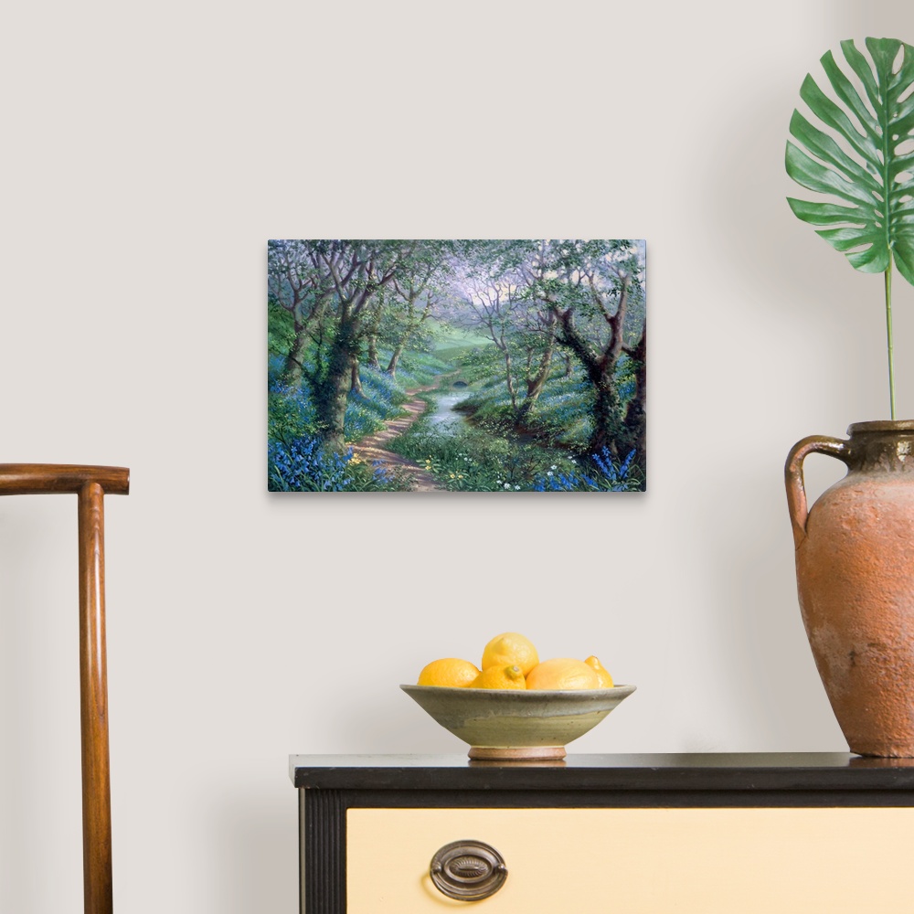 A traditional room featuring Contemporary painting of winding path through lush forest.