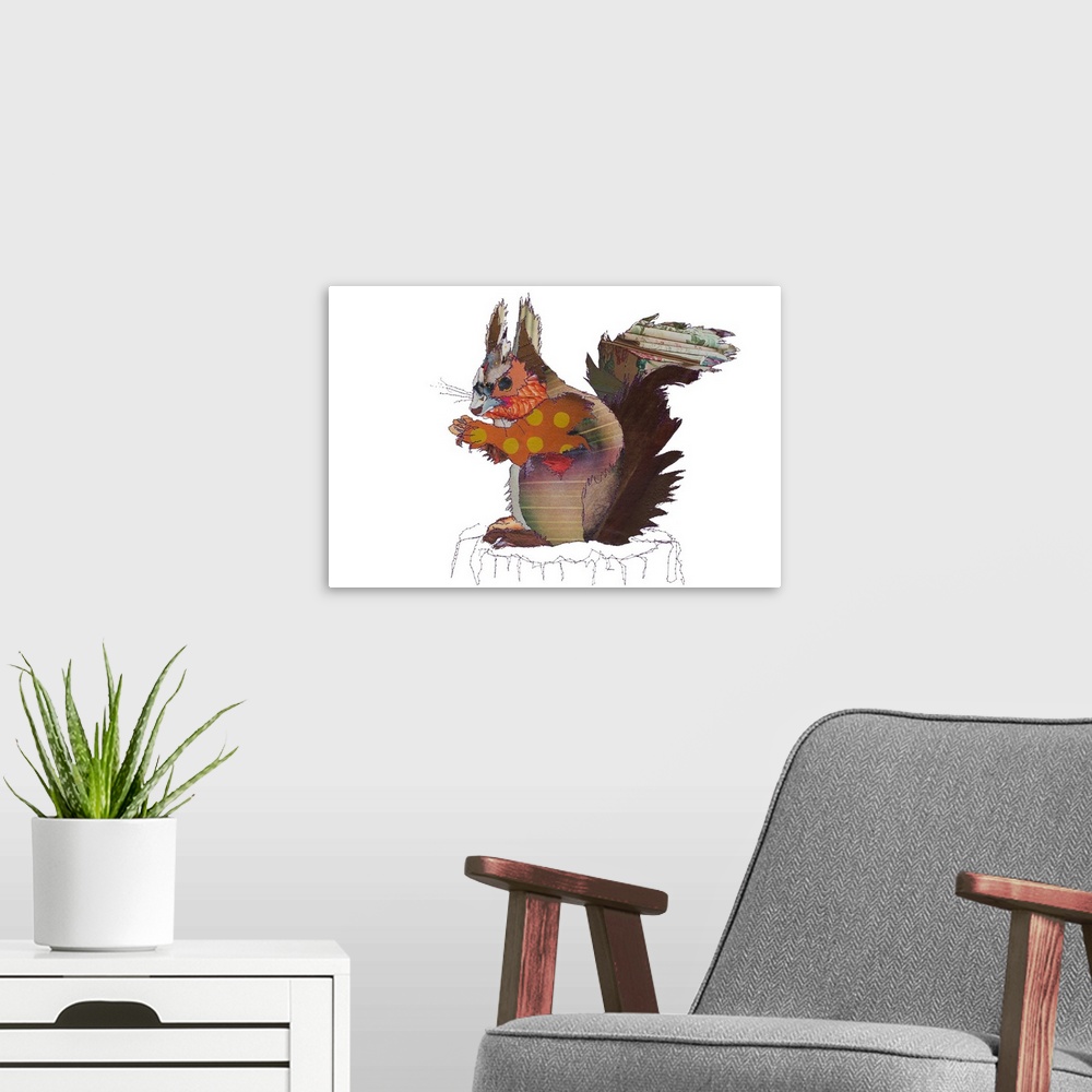 A modern room featuring Horizontal artwork of a squirrel in a collage style outlined in stitches.