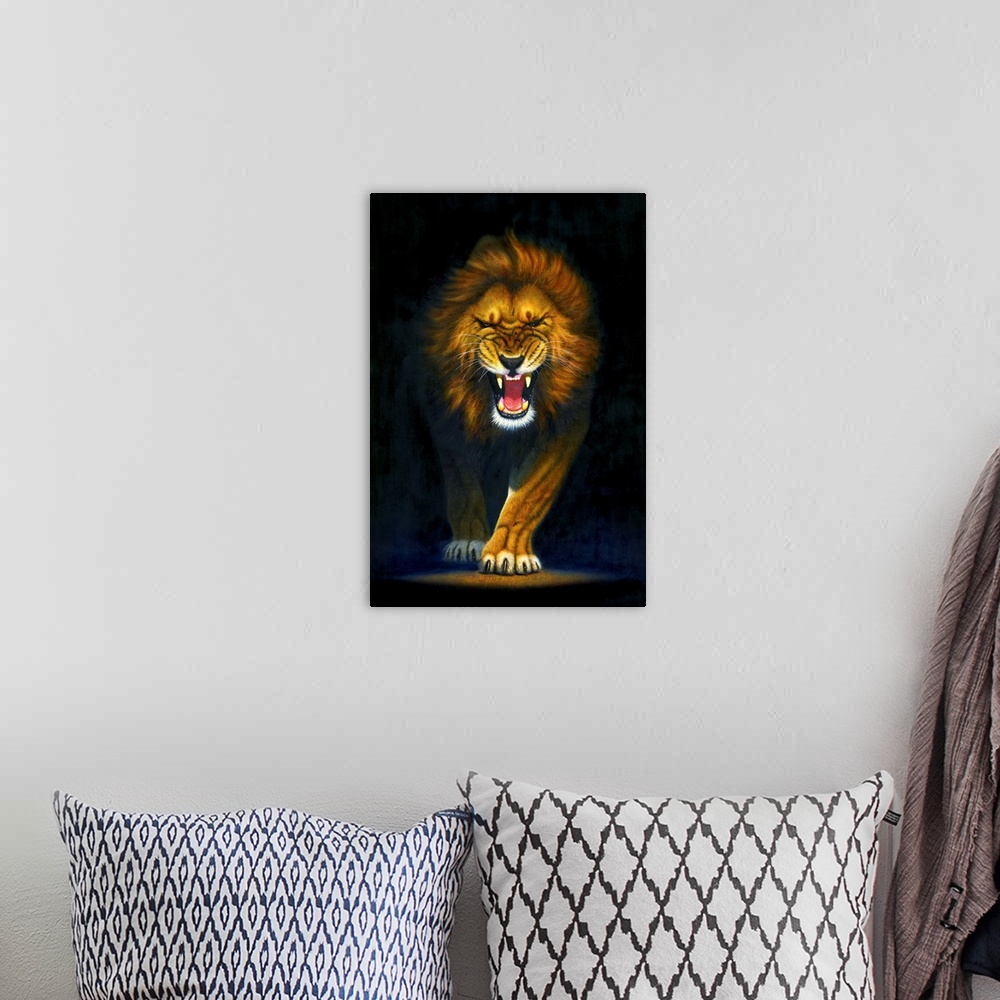 A bohemian room featuring A large vertical painting of a lion as it walks forward and snarls showing its teeth.