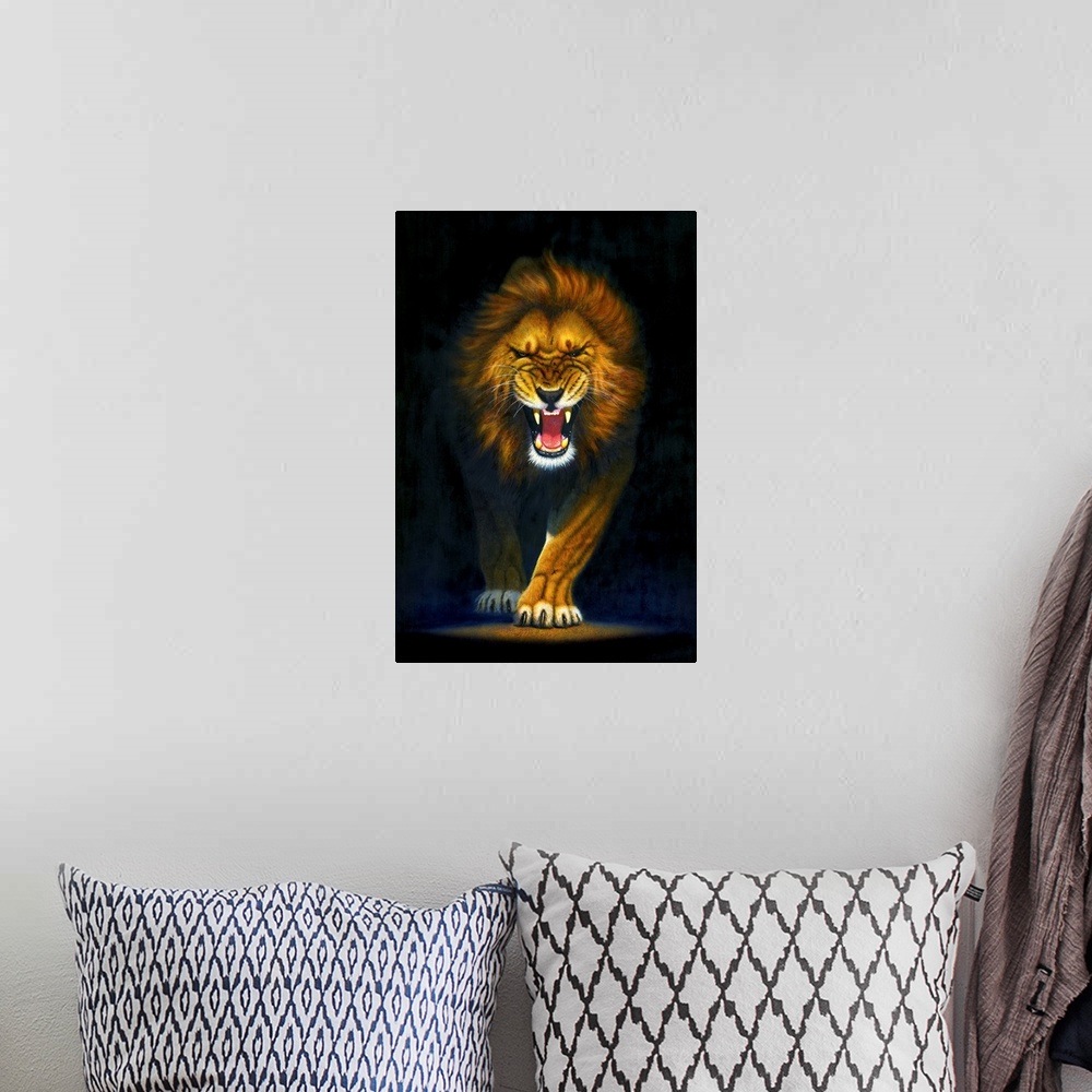 A bohemian room featuring A large vertical painting of a lion as it walks forward and snarls showing its teeth.