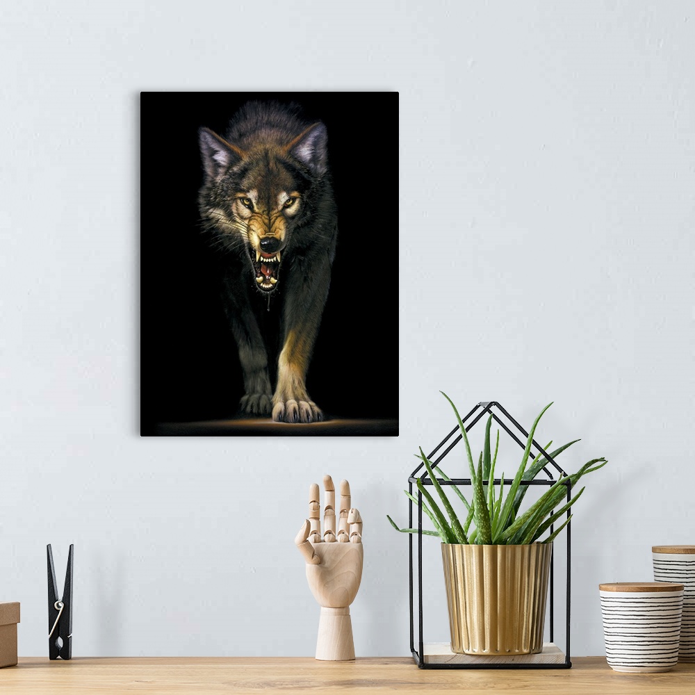 A bohemian room featuring Portrait, large wall picture of a fierce wolf approaching out of the darkness, his lips curled ba...