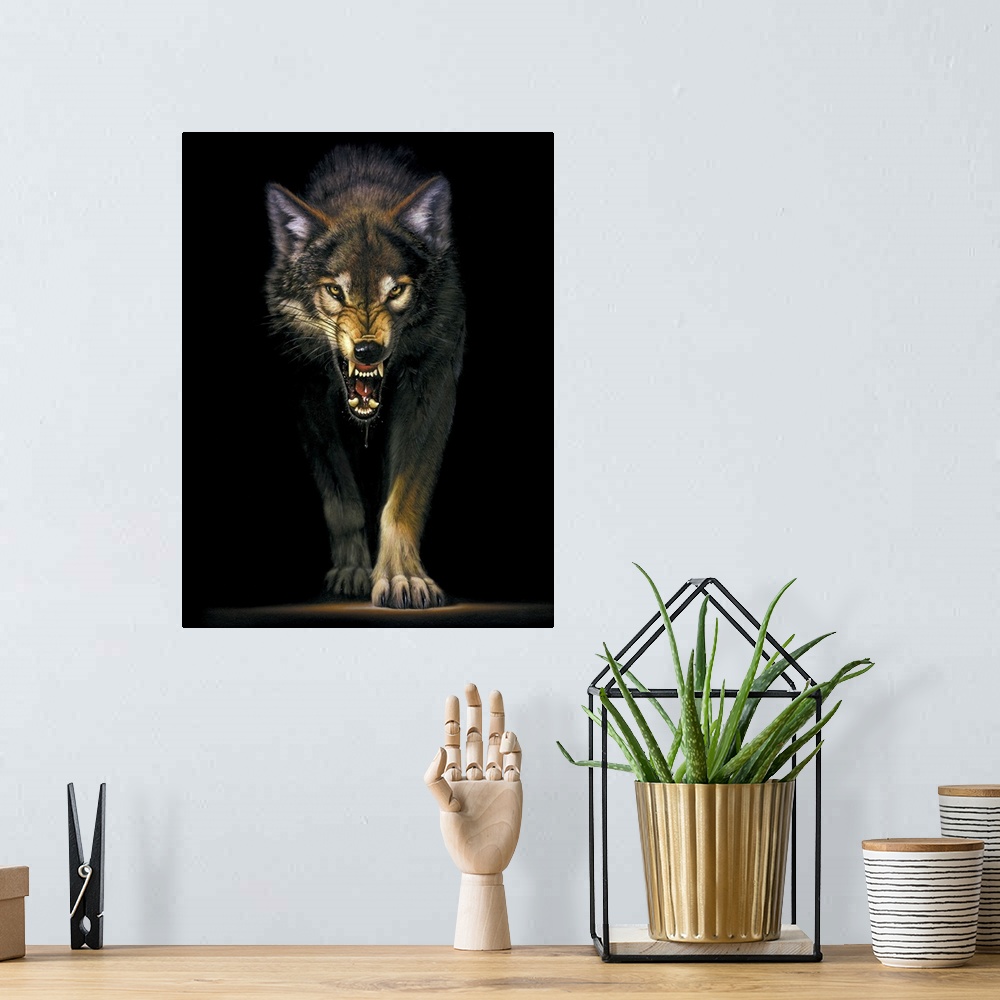 A bohemian room featuring Portrait, large wall picture of a fierce wolf approaching out of the darkness, his lips curled ba...