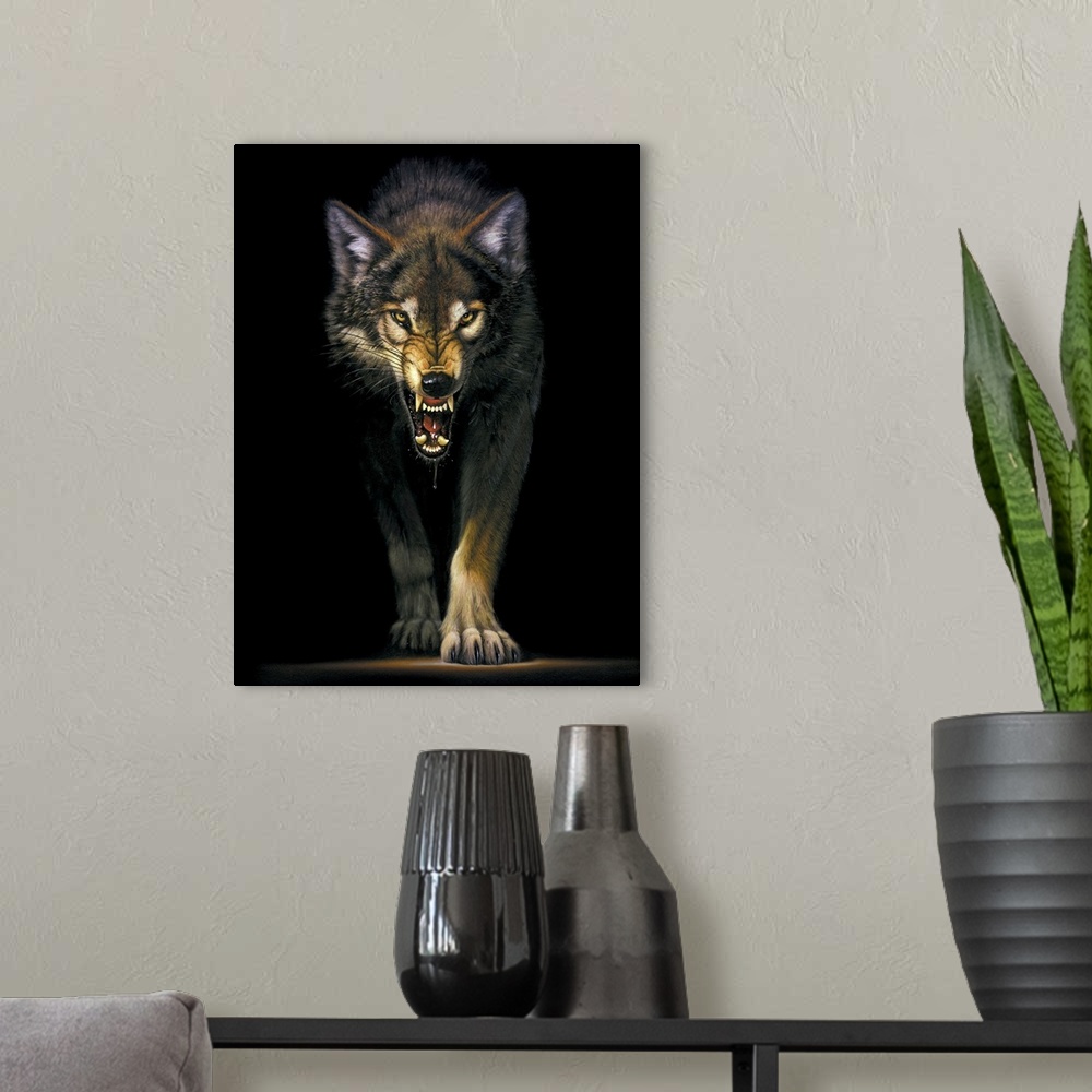 A modern room featuring Portrait, large wall picture of a fierce wolf approaching out of the darkness, his lips curled ba...