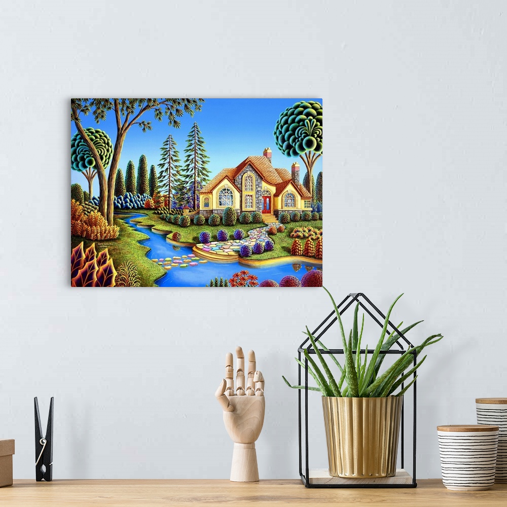 A bohemian room featuring Contemporary painting of a countryside cottage surrounded by vibrant lush foliage.